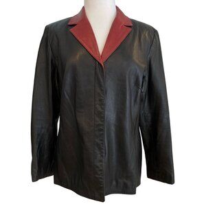 Black soft Leather Jacket With Red Contrast Collar Button Front Women Size Large